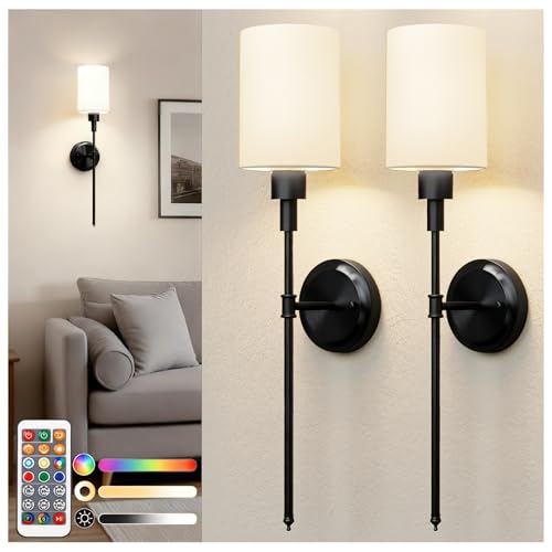 Image of DORESshop Battery Operated Wall Sconce Set of 2, Wireless Wall Light Easy to Install, 7 Color Rechargeable Wall Sconces, Sconce Wall Decor Set of 2 for Bedroom, Living Room, Black, 24.3in