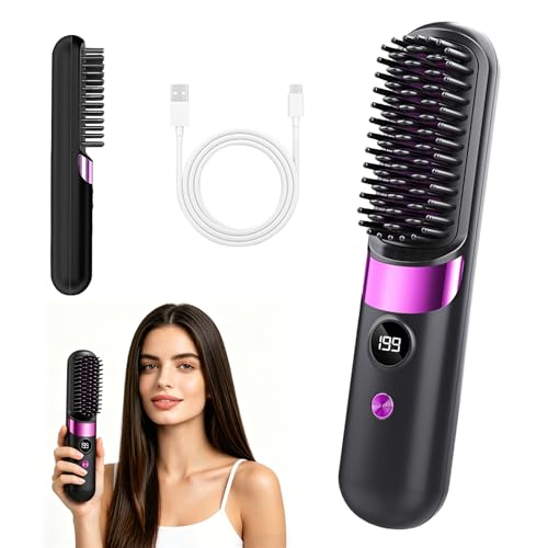 Clinora Kabellose Styling-Bürste clinora styling bürste stylingbürste für kurze haare mit LED-Anzeige 3 Temperaturstufen tragbare für glattes lockiges und trockenes Haar (Rosa)