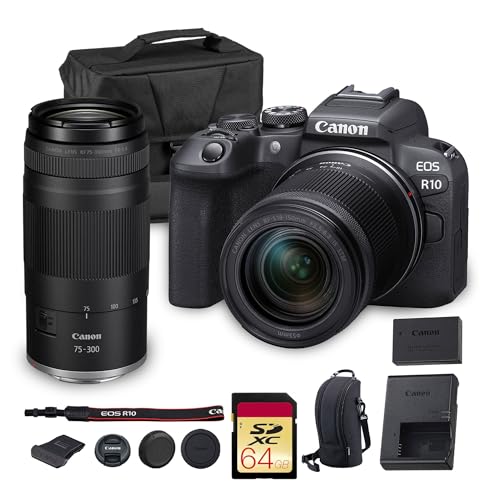 Canon EOS R10 Mirrorless Camera Kit | 24.2MP APS-C Sensor with RF-S 18-150mm Lens | 4K Video Dual Pixel AF Compact Travel Photography (5331C016) + Canon RF 75-300mm Lens + 64GB Card + Bag