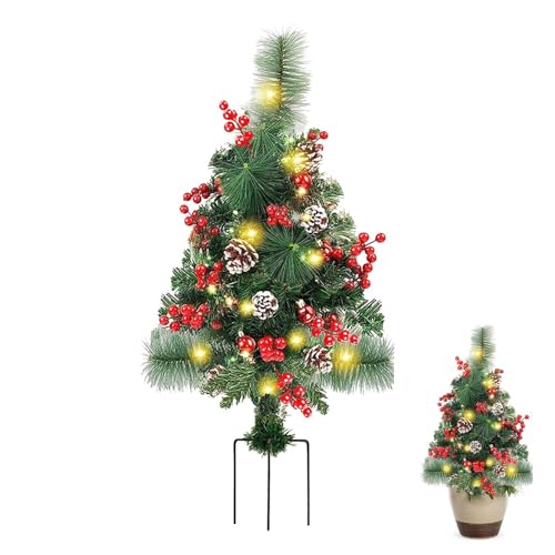 Luces de estaca para árbol de Navidad | Estaca artificial iluminada para árbol de Navidad | Relleno de maceta de Navidad decoración al aire libre | Pino de Navidad preiluminado para decoración del