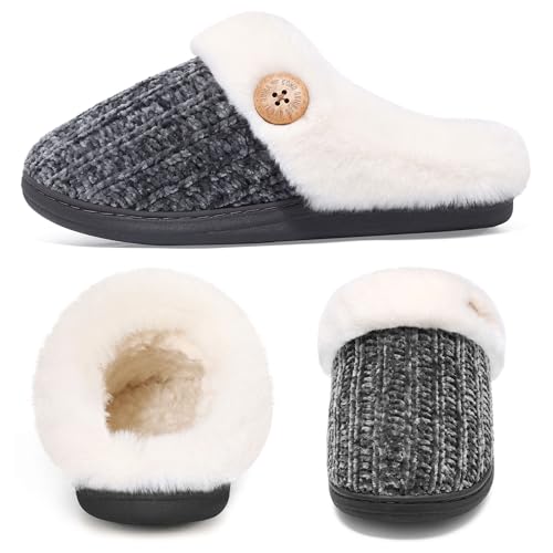 Image of Evshine Warm Knit House Slippers for Women Comfy Wool-Like Lined Chenille Slippers with Memory Foam and Indoor Outdoor Soles