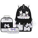CYOQX Girls Backpack 3pcs School Back pack with Lunch Box Teen Girl Backpack Set Cute Kids School Bag Bookbag for Teen Girls (Black)