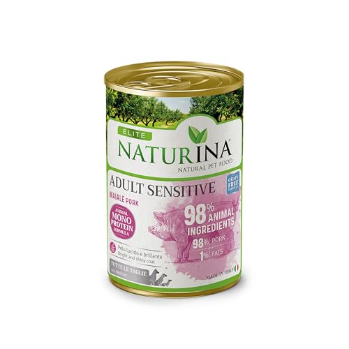 NATURINA - Elite Umido Adult Sensitive Pork per Cani Adulti con Maiale, Grain Free, per Pelo Brillante, Senza Conservanti e Coloranti, per Tutte le Taglie, Made in Italy, 6 Lattine da 400g