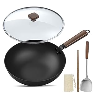 BIELMEIER 13″ Wok Pan, Woks and Stir Fry Pans with Glass Lid, Wok Pan with Spatula, Chopsticks and Loofah Root, Flat Bottom Carbon Steel Wok Suits for all Stoves