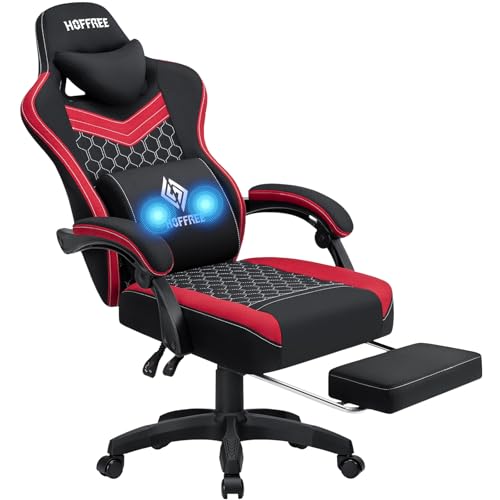 Gaming Chair Computer Chair Fabric with Pocket Spring Cushion Massage Game Chair with Footrest Ergonomic Gamer Chair with Lumbar Support Reclining Gaming Chairs for Adults Red and Black