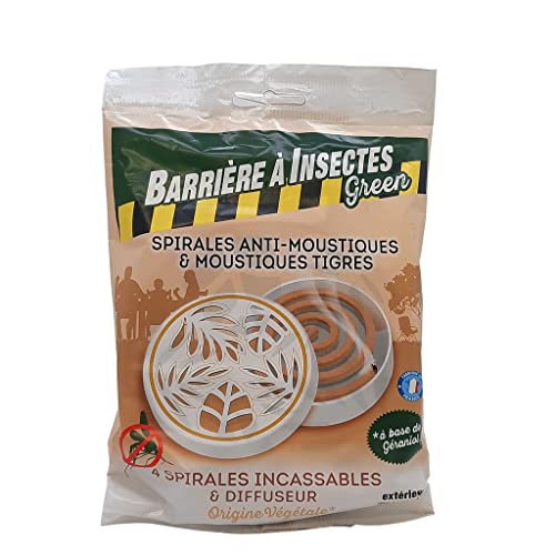 BARRIERE A INSECTES GREEN Spirales Anti-Moustiques & Moustiques Tigres, à Base de Géraniol - Sachet de 4 spirales + 1 Diffuseur décoratif, BARBIOSPIRB Cover