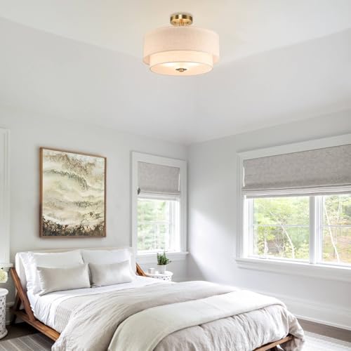 XiNBEi Lighting 16inch Semi Flush Mount Ceiling Light, 3-Light Brass Double Drum Light Fixture with Linen Shade Close to Ceiling Lamp for Bedroom Living Room Kitchen XB-SF1289-BS - Image 5