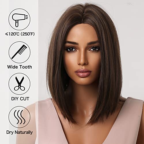 Allbell Brown Bob Wigs For Women Blonde Highlights Short Straight Synthetic Hair Middle Part Wig #TOP3