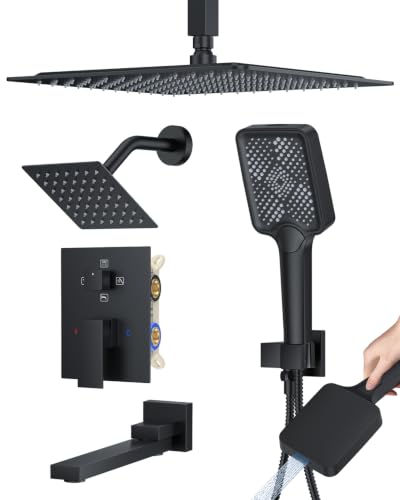 Image of Woindo 4 Function Shower Faucet Set 12 inch Rain Shower Head /6'' Side Shower Head and 3 Setting Handheld Ceiling Mount Push Button Diverter Complete Rainfall Round Shower System Included Valve Trim Kit