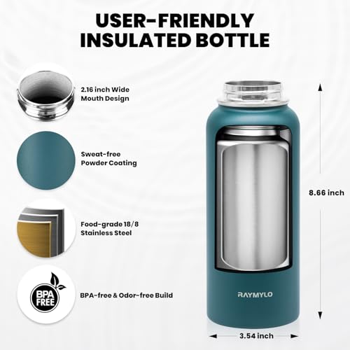 Image of RAYMYLO Insulated Water Bottle 32 oz, Triple Wall Vacuum Stainless Steel (Cold for 24Hrs, Hot for 12Hrs), Leak Proof & Non-BPA, Modern Water Flask Jug with Paracord Handle & Straw Spout Lids