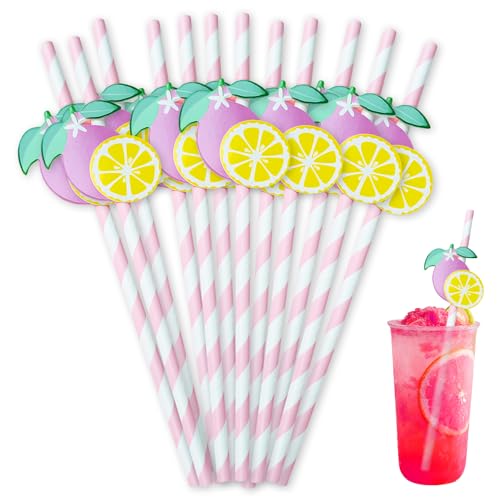Lovarywow Lemonade Stand Paper Straws - 100PCS Fresh Lemonade Party Decorations Supplies, Lemon Bar Cocktail Striped Straw for Drinks, Birthday Decor for Summer Disposable (Pink)