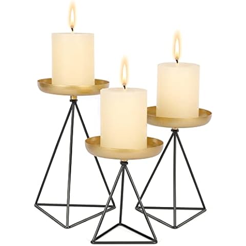 Candle Holders for Pillar Candle - 3Pcs Matte Black&Gold Candlestick Holders Metal Geometric Candle Stands for Wedding Party Festive Decor on Table Mantelpiece Fit for Candles of 2-3 Inches Diameter Cover