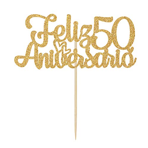 Ferastar Feliz 50 Aniversario Cake Topper, 50th Anos De Amor Wedding Decor, Happy 50th Anniversary Party Supplies Gold Glitter.