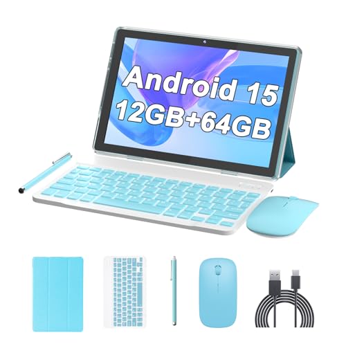 Image of ATOZEE 10 Inch Tablet Android 15 Tablets 2 in 1 Tablet with Keyboard 12GB RAM+64GB ROM(Supports 1TB Expansion) Tableta 2MP+8MP Camera 6000mAh Battery Mouse /Case /Stylus 5G WiFi-6 10.1 inch Android Tablets