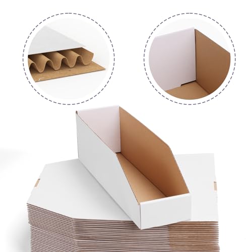 Image of EXYGLO Cardboard Storage Bins 35 Pack, 15x4x4.5 Inch Cardboard Boxes, Corrugated Organizer Bins for Pantry, Shelves, Garage, Office, Shop, White