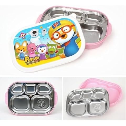 Pororo, Portable Stainless Steel Divided Food Tray, Platter with Lid in Pink, Made in Korea Cover