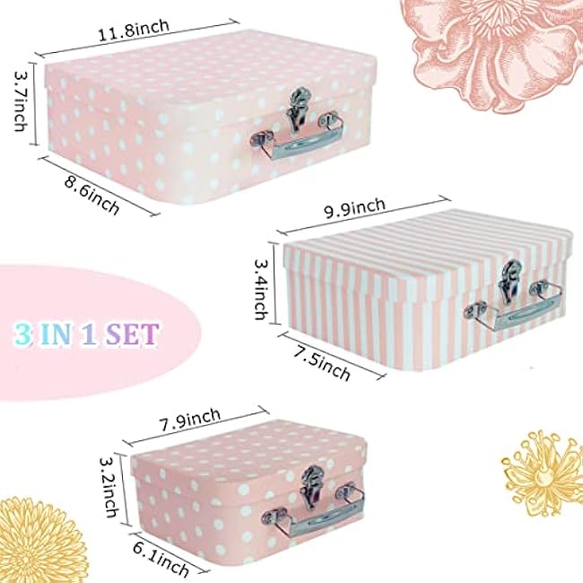 Paperboard Suitcases Set of 3 Decorative Boxes, Compatible with Barbie Storage Organizer, Doll Clothes, Toys, Photos, Accessories, Hat, Cute Storage Gift Boxes for Kids Girls Home Decoration