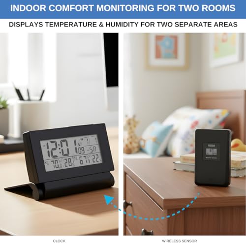 Digital Clock with Atomic RCC Time and Alarm | Indoor Temperature and Humidity Display | Wireless Sensor, Battery Operated with Blue Backlight for Bedroom or Desk - Image 4