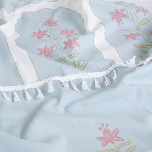 Image of Tranquebar Curtain Co. Cotton Curtains 7 Feet Long Set of 2, 60-65% Room Darkening, Turquoise Floral Print, Door Curtains 7 Feet Set of 2, BackTabs, Taj (213 cm) - Set of 2