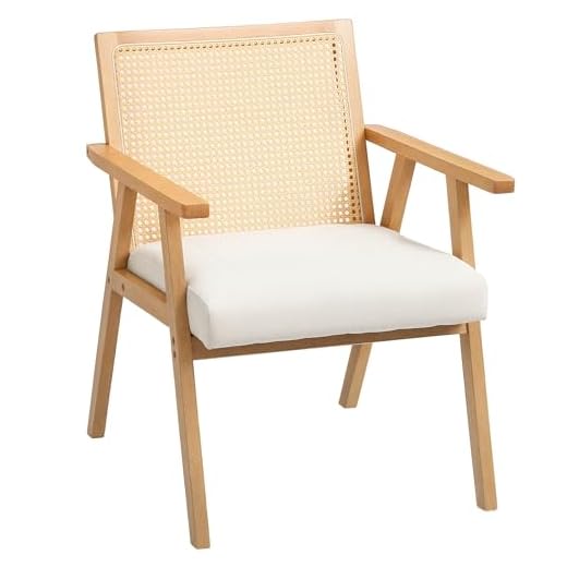 HOMCOM Fauteuil Relax pour Salon Chambre Confortable, Chaise cannage avec Dossier en rotin et Coussin rembourré et accoudoirs, Bois Naturel