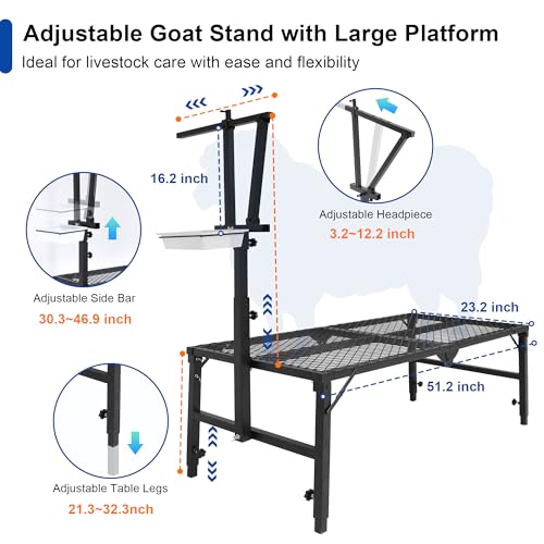 Foldable Goat Miliking Stand 51x23\" Metal Livestock Stand with Removable Feeding Tray, 500lbs Capacity Goat Sheep Stand for Trimming Shearing Milking Hoof with Adjustable Headpiece and Height