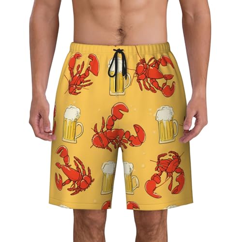Beer and Crawfish Pattern Print Men's Beach Pants Lightweight Quick-Dry Swim Pants with Mesh Lining for Men