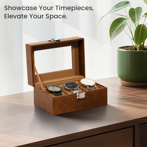 Image of Uten 3-Slot Watch Box, PU Leather Watch Case with Glass Lid, Watch Holder Organizer with Soft Pillow and Velvet Lining, Watch and Jewelry Storage Box, Brown