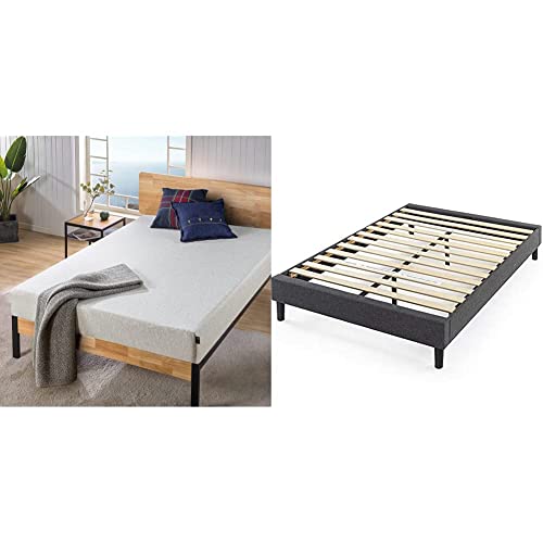 Zinus 8 Inch Ultima Memory Foam Mattress, Queen, White & Curtis Upholstered Platform Bed Frame/Mattress Foundation/Wood Slat Support/No Box Spring Needed/Easy Assembly, Grey, Queen #TOP19