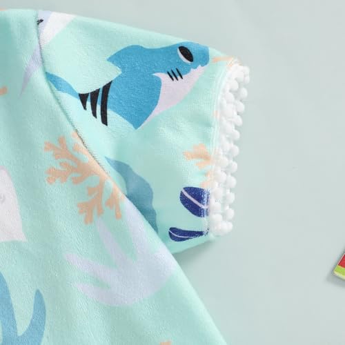 Image of Girls Hooded Terry Coverups Zip Up One Piece Swimsuits Sea Animals Print Short Sleeve Ruffle Swim Cover Up Swimwear (Green, 1-2T)