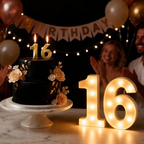 Image of Balloonistics LED Marquee Number 16 Light - Cordless Battery-Operated Light Up Sign for 16th Birthday, Wedding, Anniversary, Party Decoration, Photo Booth Backdrop, Cake Table Decor
