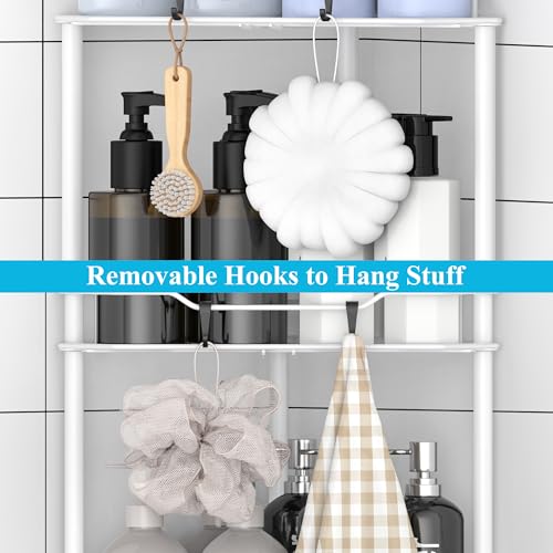 Image of HuggieGems 3 Tier Floor Standing Corner Shower Caddy Organizer Shelf with Hooks, Bathroom Shelves Stand Rack, White