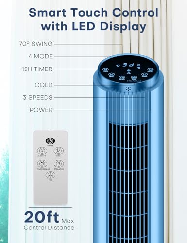 Image of HIFRESH Air Cooler for Home, Mute Operation, 107CM Tower Cooler w /Remote & LED Display, 4 Mode & 3 Speed, 12H Timer, 26 Feet Air Delivery, 4L Water Tank, 4 Ice Packs, 70 Swing Control - Blue