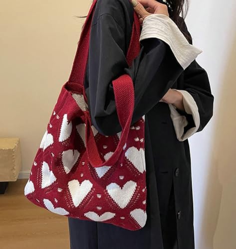 Image of Summer Crochet Bags for Women Knitted Beach Tote Bag Cute Heart Pattern Shoulder Handbags and Purse
