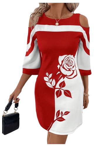 Image of Verdusa Women's Floral Print Cold Shoulder Dress Color Block Half Sleeve Short Dress