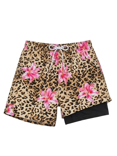COOLOYA Mens 2 in 1 Hawaii Print Swim Trunks with Compression Liner 5 Bathing Suits Quick Dry Board Shorts with Pockets Khaki Leopard Floral M