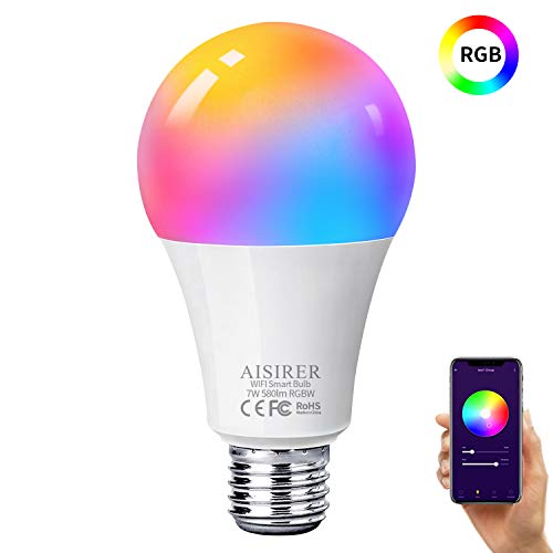 AISIRER Bombilla Inteligente Bombilla WiFi LED Blanco Suave 2700K+ RGBW Multicolor Compatible con Amazon Alexa Echo,Echo Dot Google Home No se Requiere Hub Regulable E27