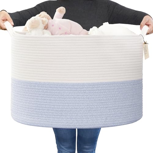 Image of COMFY-HOMI XXXL Large Laundry Basket, Cotton Rope Nursery Woven Basket for Storage, Blanket Baskets Living Room Laundry Hamper, Dog Toy Storage Organizer, Home Decor-21''x21''x13.6''-White/Blue