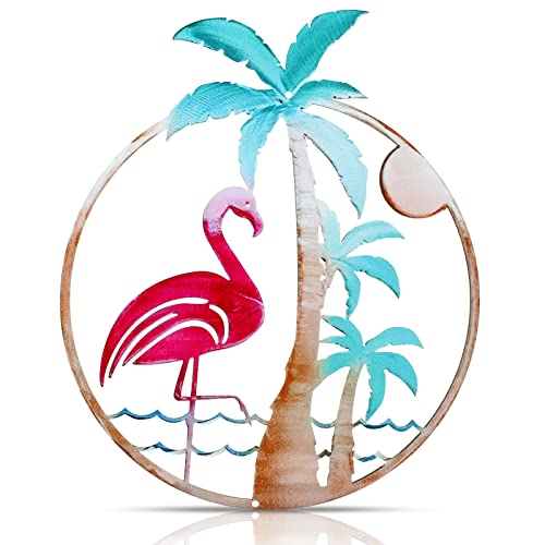 Lounsweer Flamingo Metal Wall Art Gifts Tropical Flamingo Palm Tree Welcome Signs for Indoor Outdoor...