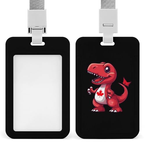 Red Dinosaur Canada Flag ID Badge Holder with Lanyard Vertical ID Card Holder for Travel Office Work