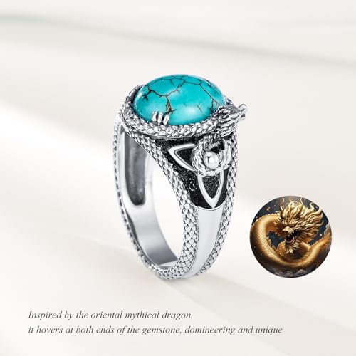 925 Sterling Silver Real Turquoise Dragon Ring for Men Unique Vintage and Genuine Natural Gemstone Rings Jewelry for Him Husband4