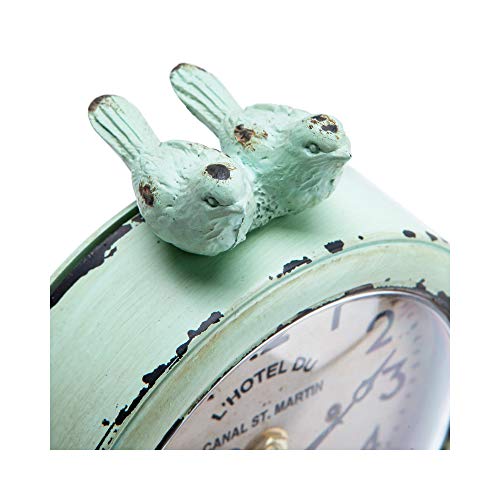 Nikky Home Vintage Table Clock, Shabby Chic Pewter Round Quartz Shelf Desk Clock With 2 Birds, 4.75" X 2.5" X 6.12", Light Green #TOP4