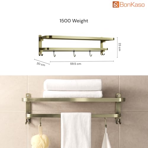 Image of BonKaso 24-Inch 304 Stainless Steel Rectangular Towel Rack | Wall-Mounted Rustproof Towel Holder Rod Bar for Bathroom Towels | Space-Saving Design with Antique Finish
