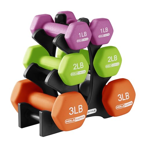 HolaHatha 1 2 and 3 lb Neoprene Dumbbell Strength Training Weight Set with Rack