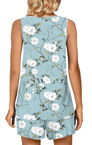 Image of POPYOUNG Pajama Set for Women Summer 2 Piece Lounge Shorts Sets Sleepwear | Womens Pajama Sets Cooling pijamas de mujer for Summer with Pockets Sleeveless Nightwear Outfits Pjs Shorts Set