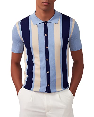 Kallspin Hombres Polo de Punto Vintage Manga Corta Rayas Botón Abajo Camisas de Golf de Punto(Azul,L)