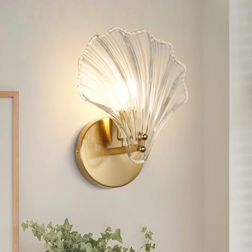 Image of Gold Wall Sconces for Bathroom, Vanity Light Fixtures, Modern Sconces Wall Lights with Clear Shell Shaped Glass Shades, Bathroom Light Fixtures for Living Room, Bedroom, Hallway, mirror, Kitchen, E12