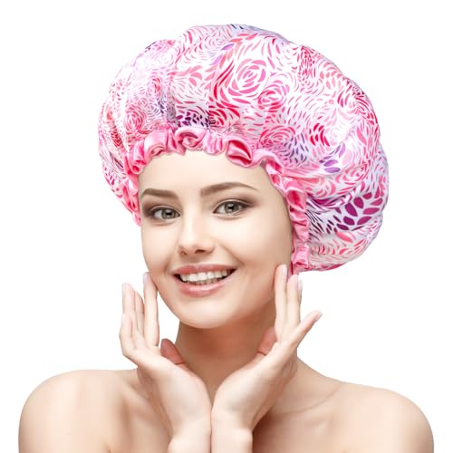 mikimini Shower Cap for Women and Girls with Short Medium Hair, Elegant Pink Floral Design, Reusable Waterproof Double-Layered, Perfect for a Romantic Feminine Touch