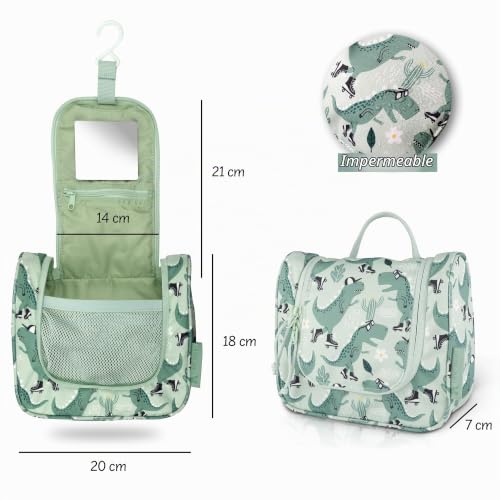 Miniatura 4 de Ta Trend Atelier Neceser Infantil En Poliéster Reciclado Bolsa De Aseo Para Colgar, Sostenible, Sin Pfc Y Repelente Al Agua Dinosaurio Verde