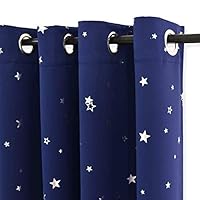 PONY DANCE Blue Blackout Curtains for Boys - Thermal Insulated Curtains for Bedroom and Living Room 54 Drop Short Eyelet Silver Star Foil Curtains for Kids, 52 x 54 Inch, 1 Pair