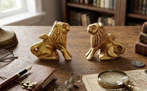 Image of Brass Sitting Lion Statues - Set of 2 Miniature Royal Lion Figurines for Office Desk Decor, Home Accents and Protective Vastu Showpieces (3.5 cm)